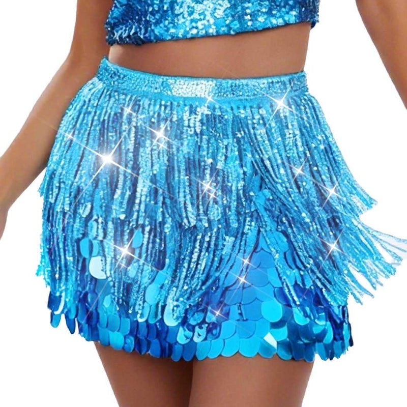 Brishow Christmas Sequin Fringe Skirt, Sparkly Tassel Belly Dance Hip Scarf Wrap Mini Skirt for Women - Image 1